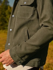 Khaki Green Faux Suede Collared Trucker Jacket - Image 5 of 15