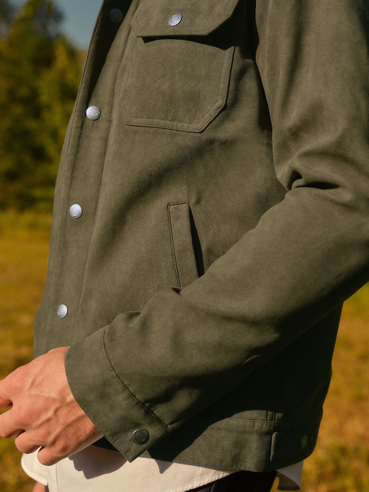 Khaki Green Faux Suede Collared Trucker Jacket - Image 5 of 15