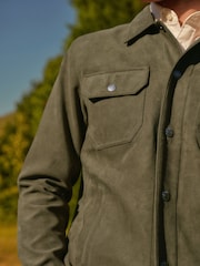 Khaki Green Faux Suede Collared Trucker Jacket - Image 6 of 15