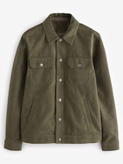 Khaki Green Faux Suede Collared Trucker Jacket - Image 7 of 15