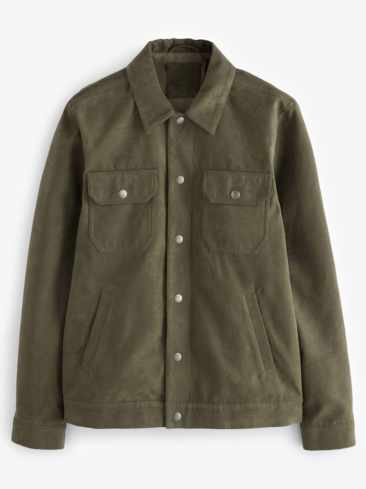 Khaki Green Faux Suede Collared Trucker Jacket - Image 7 of 15