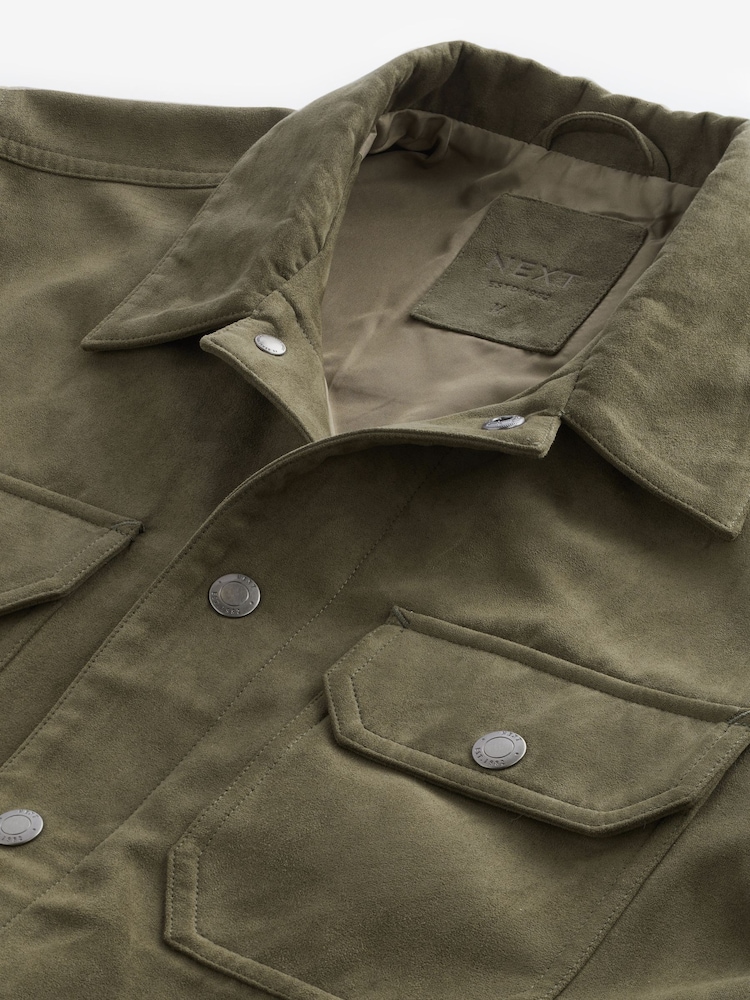 Khaki Green Faux Suede Collared Trucker Jacket - Image 8 of 15