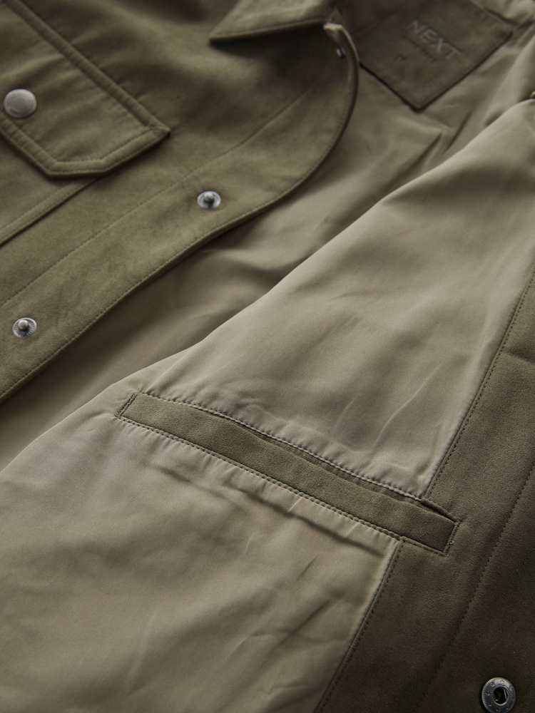 Khaki Green Faux Suede Collared Trucker Jacket - Image 9 of 15