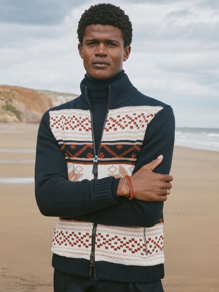Reiss Multi Holden Fairisle Pattern Knitted Zip-Through Cardigan - Image 1 of 6