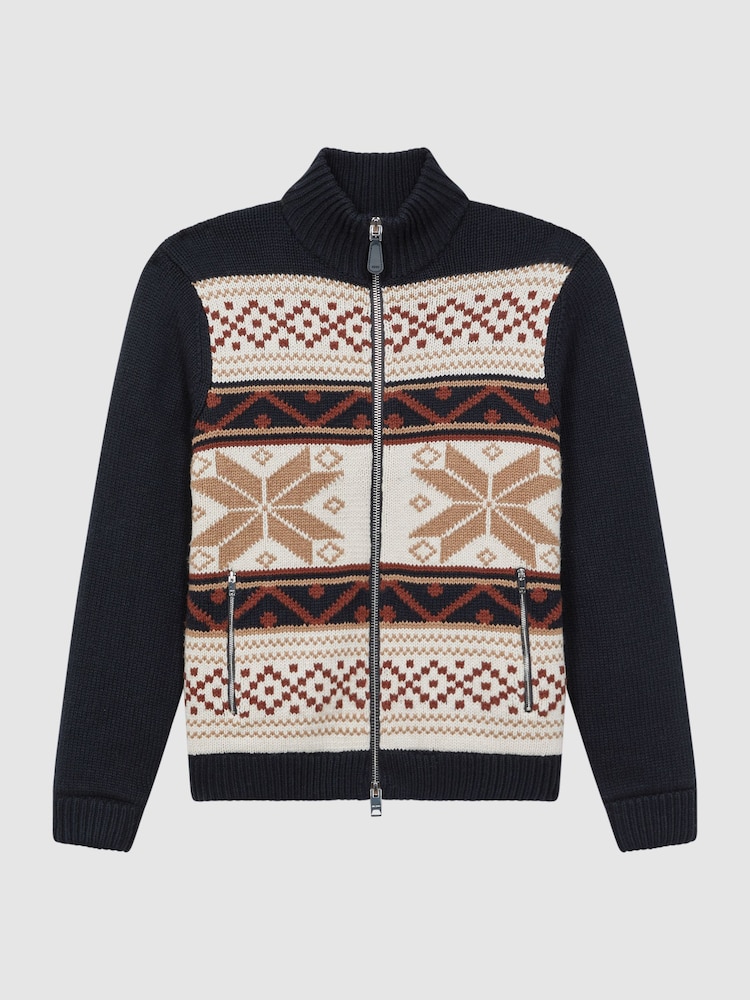 Reiss Multi Holden Fairisle Pattern Knitted Zip-Through Cardigan - Image 2 of 6