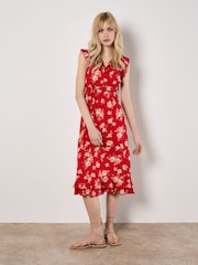 Apricot Red Painterly Floral Midi Dress - Image 1 of 4