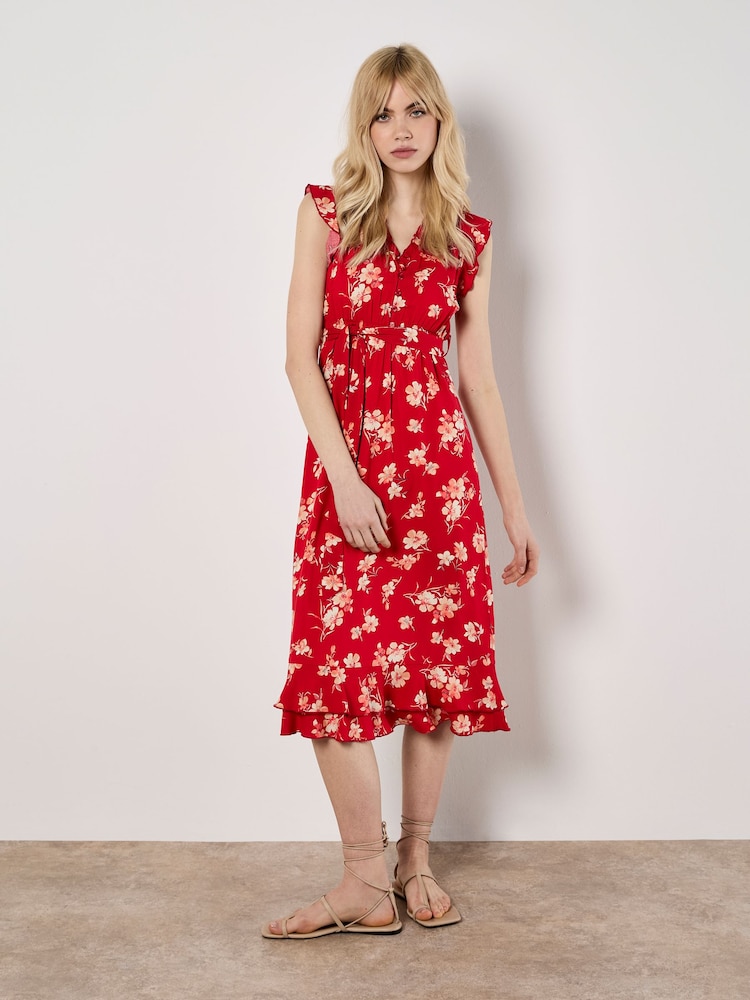 Apricot Red Painterly Floral Midi Dress - Image 1 of 4
