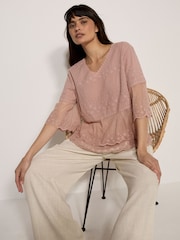Apricot Pink Embroidered Cotton Mesh Blouse - Image 1 of 4