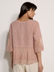 Apricot Pink Embroidered Cotton Mesh Blouse - Image 4 of 4
