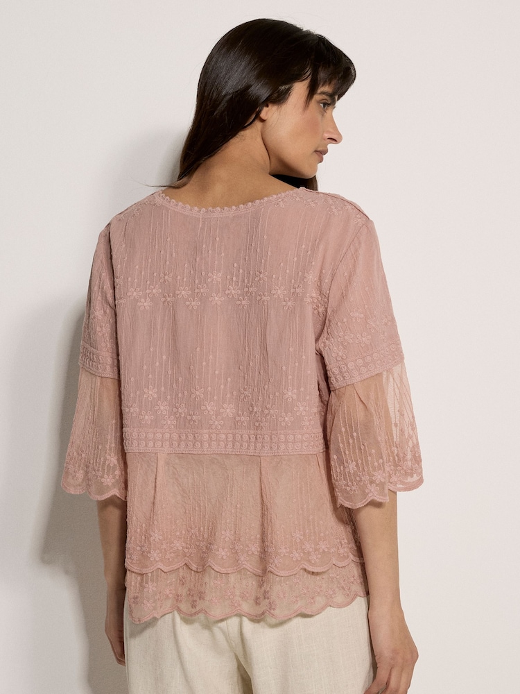 Apricot Pink Embroidered Cotton Mesh Blouse - Image 4 of 4