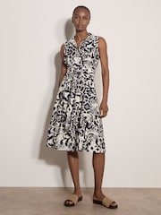 Apricot Blue Abstract Tile Crepe Shirt Midi Dress - Image 1 of 4