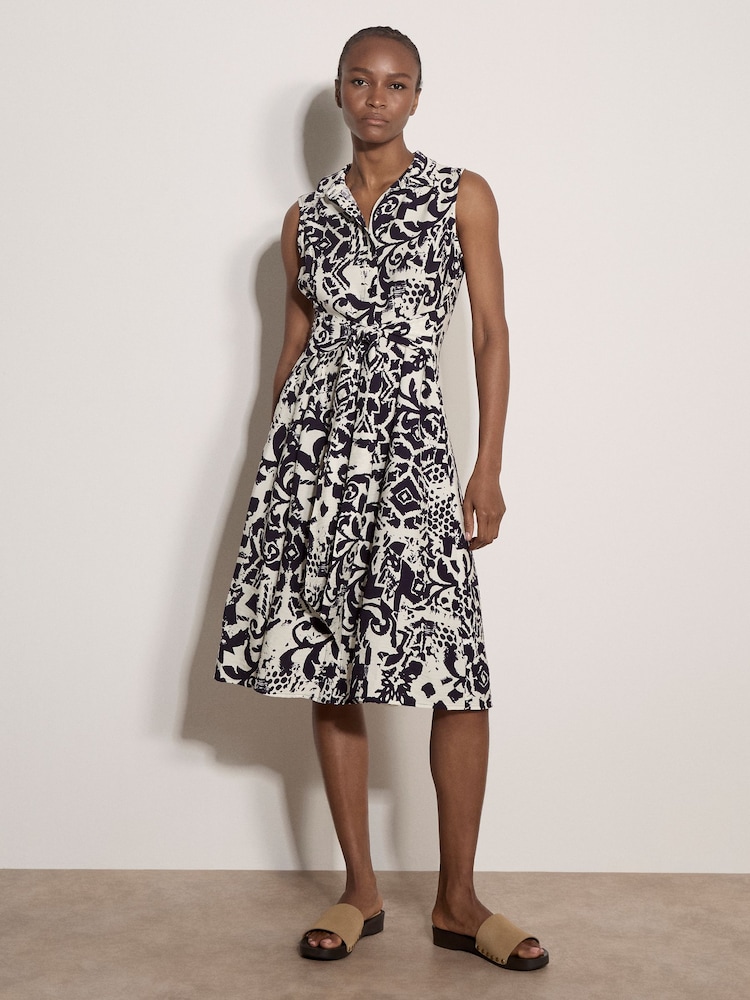 Apricot Blue Abstract Tile Crepe Shirt Midi Dress - Image 1 of 4