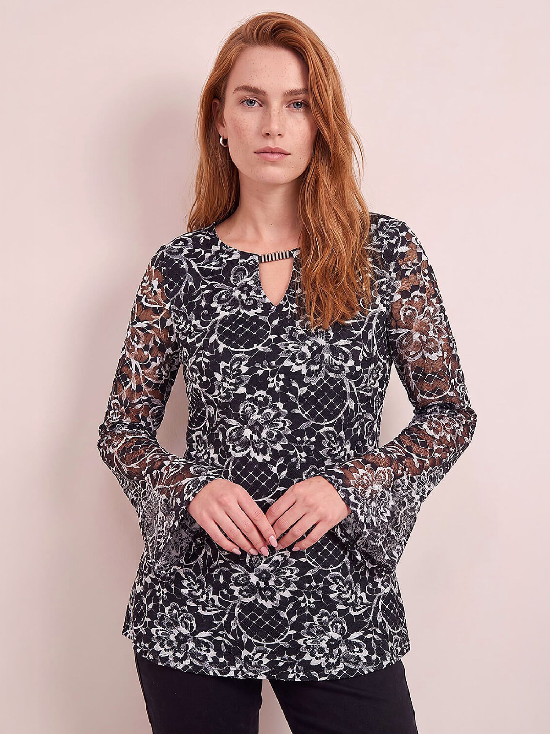 Roman Women's Black Lace Keyhole Stretch Top In | : Size 20 - Image 2
