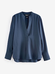 Navy Long Sleeve Overhead V Neck Blouse - Image 1 of 1