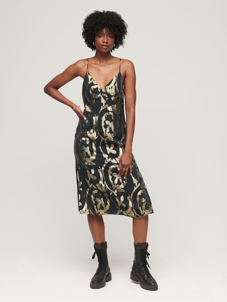 Superdry Green Metallic Midi Slip Dress - Image 1 of 5