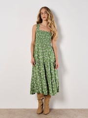 Apricot Green Orchid Print Smocked Midi Dress - Image 2 of 4