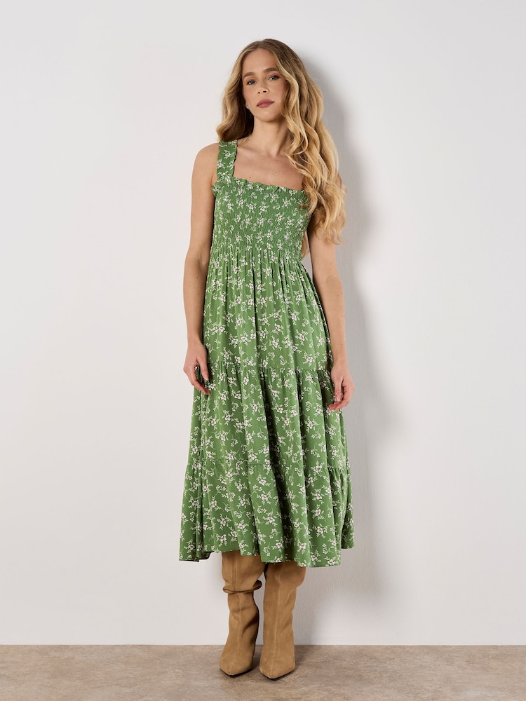 Apricot Green Orchid Print Smocked Midi Dress - Image 2 of 4