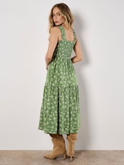 Apricot Green Orchid Print Smocked Midi Dress - Image 4 of 4