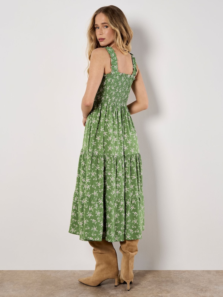 Apricot Green Orchid Print Smocked Midi Dress - Image 4 of 4
