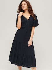 SUPERDRY Black Embroidered Tiered Midi Dress - Image 1 of 3