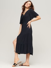 SUPERDRY Black Embroidered Tiered Midi Dress - Image 2 of 3