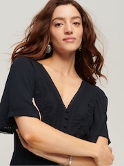 SUPERDRY Black Embroidered Tiered Midi Dress - Image 3 of 3