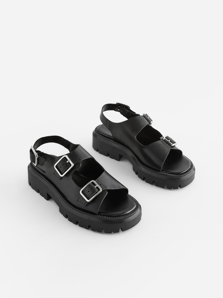 Schwarz - Premium Sandalen aus Leder mit dicker Profilsohle - Bild 1 von 8