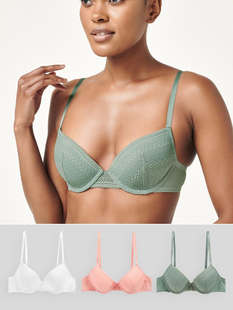 Coral/White/Green Lace Light Pad Plunge Bras 3 Pack - Image 1 of 1