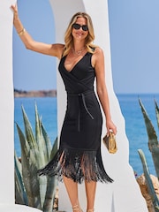 Sosandar Black Tassle Detail Wrap Dress - Image 4 of 6