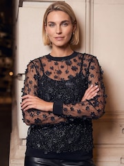 Roman Black Mesh Applique Top - Image 3 of 4