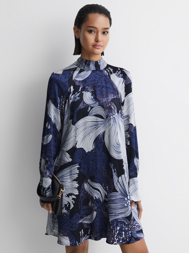 Reiss Blue/White Thea Relaxed Satin Printed Mini Dress - Image 1 of 7