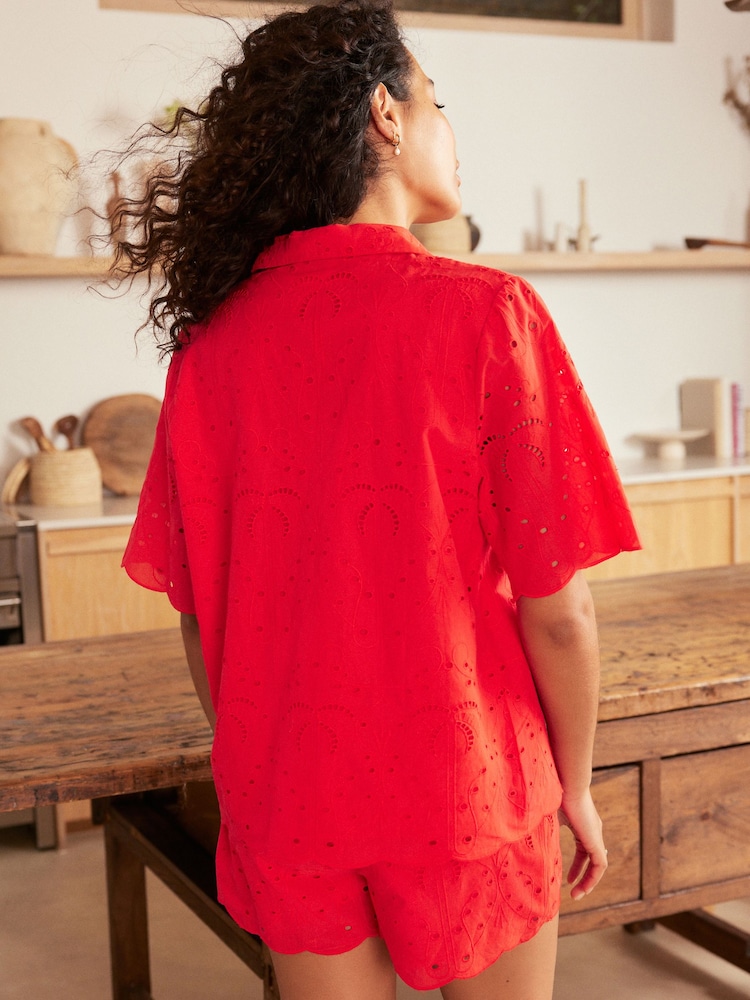 Red Broderie Button Through Short Set Pyjamas - Image 3 of 10