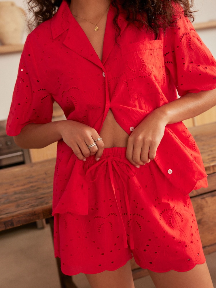 Red Broderie Button Through Short Set Pyjamas - Image 4 of 10