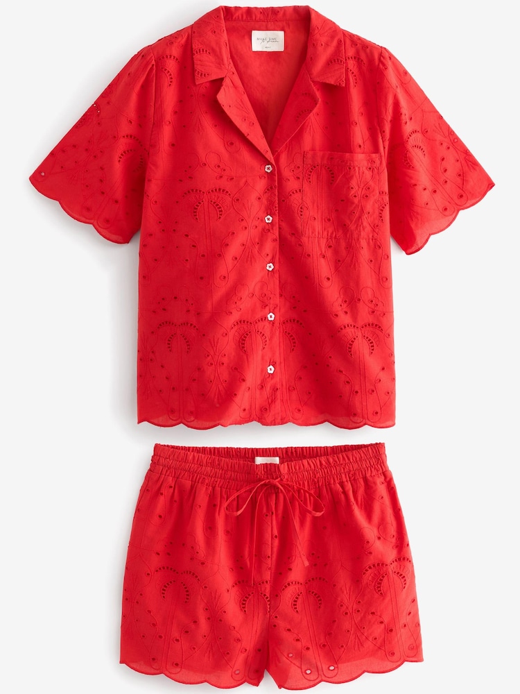 Red Broderie Button Through Short Set Pyjamas - Image 7 of 10