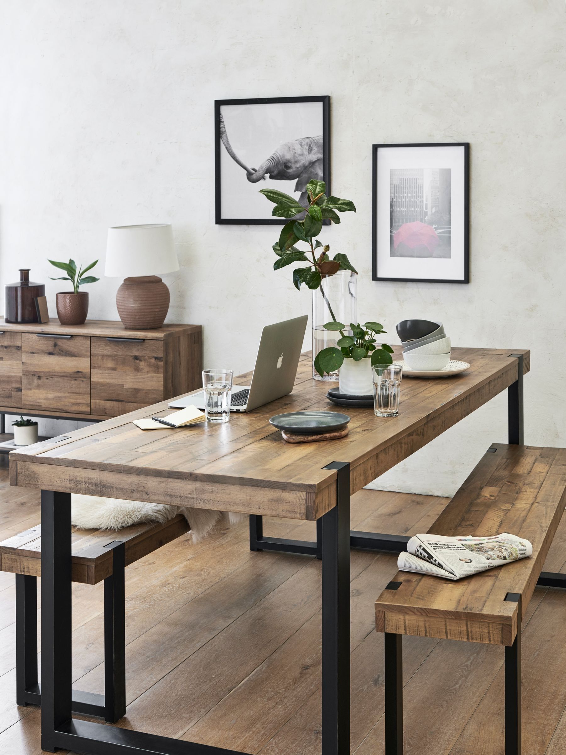 Buy Natural and Black Jefferson Pine 8 Seater Dining Table and Bench Set from the Next UK online shop