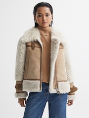 Reiss Neutral Asher Suede Sheepskin Zip-Through Jacket - Image 1 of 9
