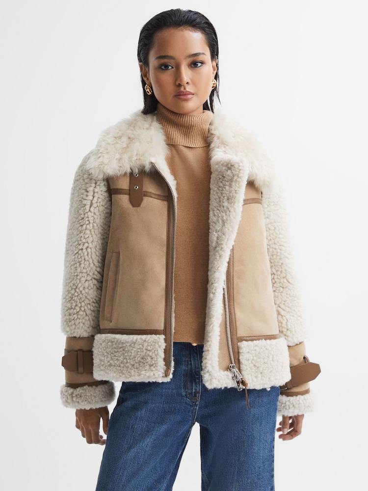 Reiss Neutral Asher Suede Sheepskin Zip-Through Jacket - Image 1 of 9