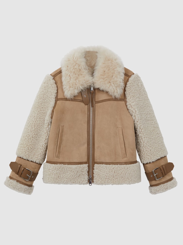 Reiss Neutral Asher Suede Sheepskin Zip-Through Jacket - Image 2 of 9