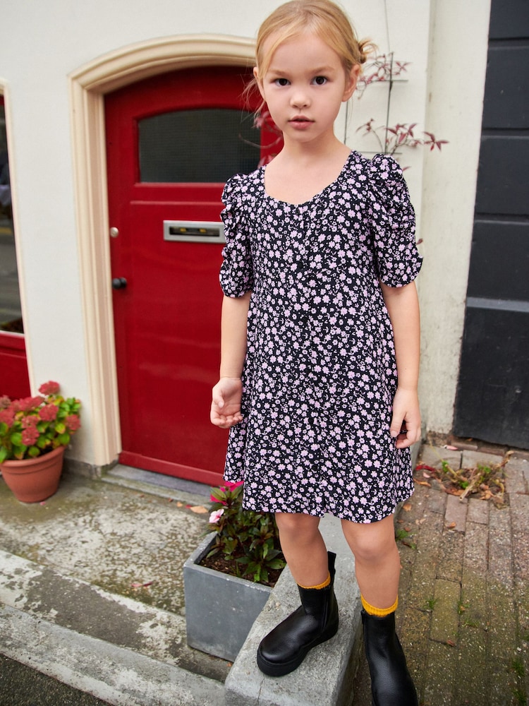 Black/Pink Floral Ruched Sleeve Tea Dress (3-16yrs) - Image 1 of 6 Black/Pink Floral Ruched Sleeve Tea Dress (3-16yrs) - Image 1 of 6