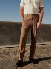 Rust Brown Linen Blend Tailored Fit Suit Trousers - Image 1 of 8