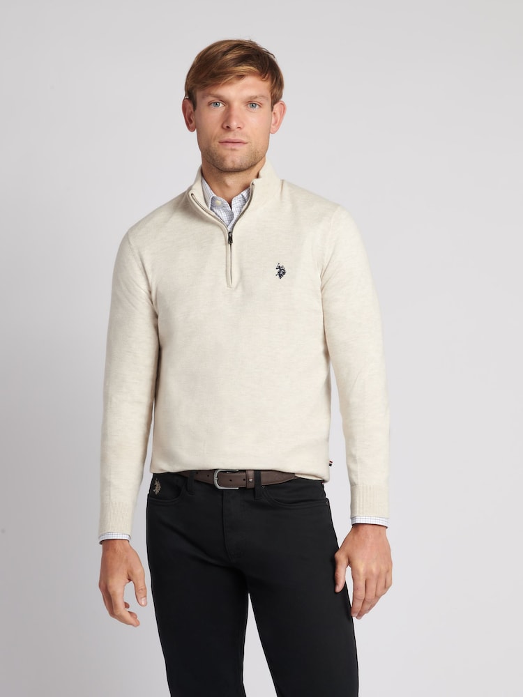 U.S. Polo Assn. Cream Mens Funnel Neck Quarter Zip Knit Jumper - Image 1 of 8