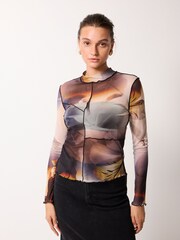 Blue Long Sleeve Crew Neck Mesh Top - Image 1 of 6