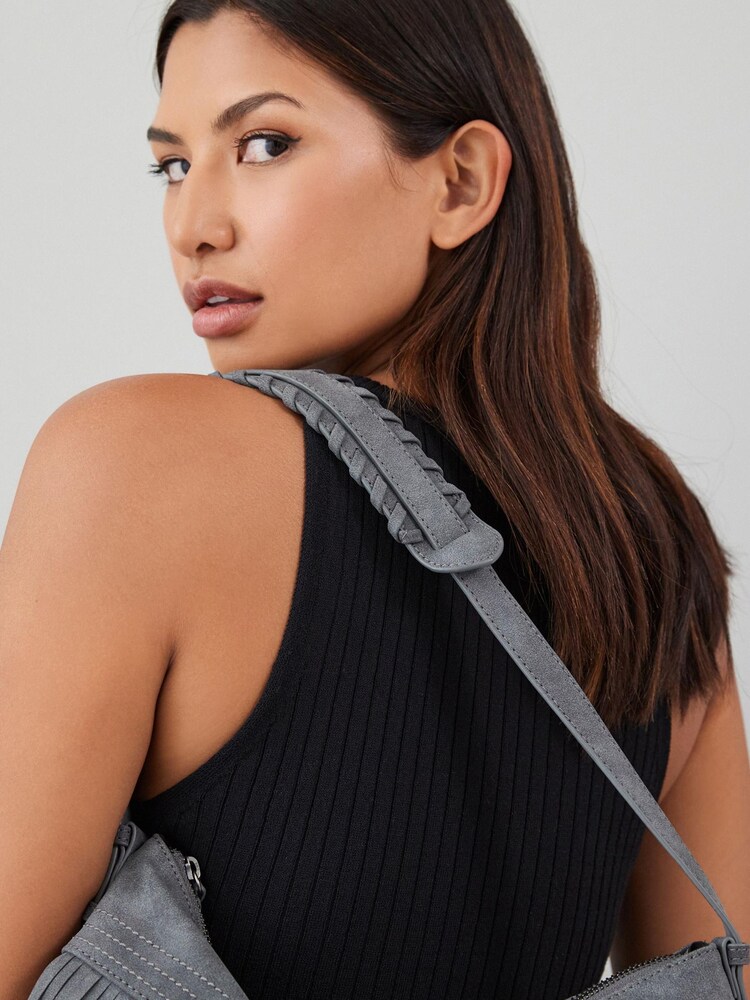 Grey Fringe Hobo Shoulder Bag - Image 4 of 11