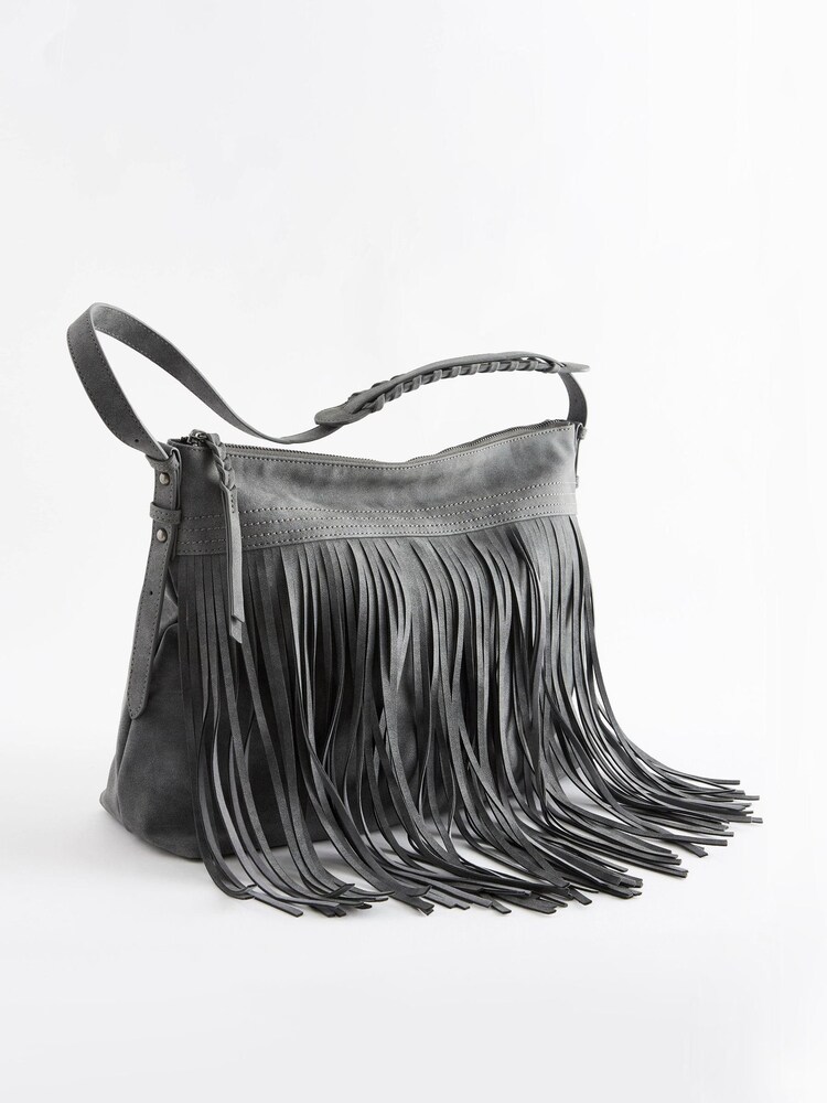 Grey Fringe Hobo Shoulder Bag - Image 5 of 11