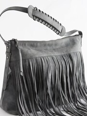 Grey Fringe Hobo Shoulder Bag - Image 8 of 11