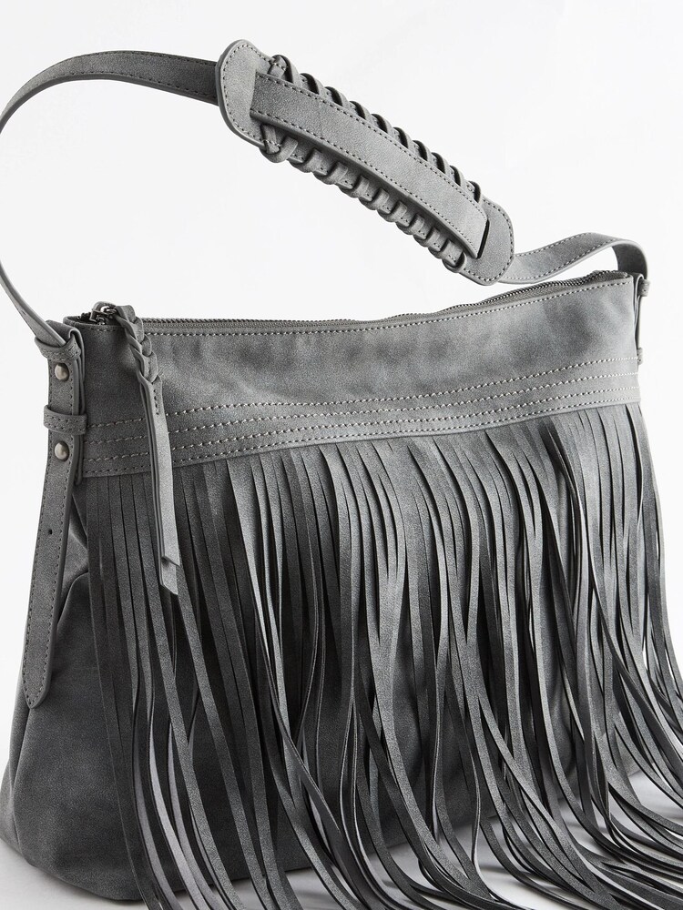 Grey Fringe Hobo Shoulder Bag - Image 8 of 11