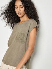 Apricot Green Crochet Pocket Linen Blend T-Shirt - Image 1 of 4