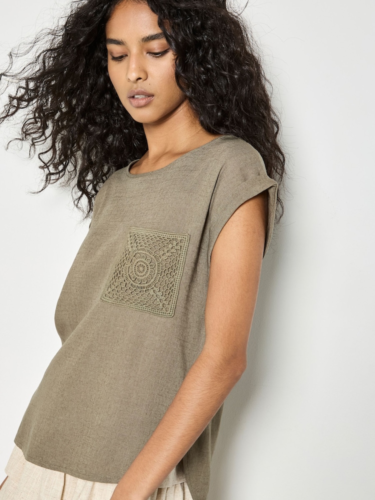 Apricot Green Crochet Pocket Linen Blend T-Shirt - Image 1 of 4