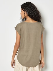 Apricot Green Crochet Pocket Linen Blend T-Shirt - Image 2 of 4