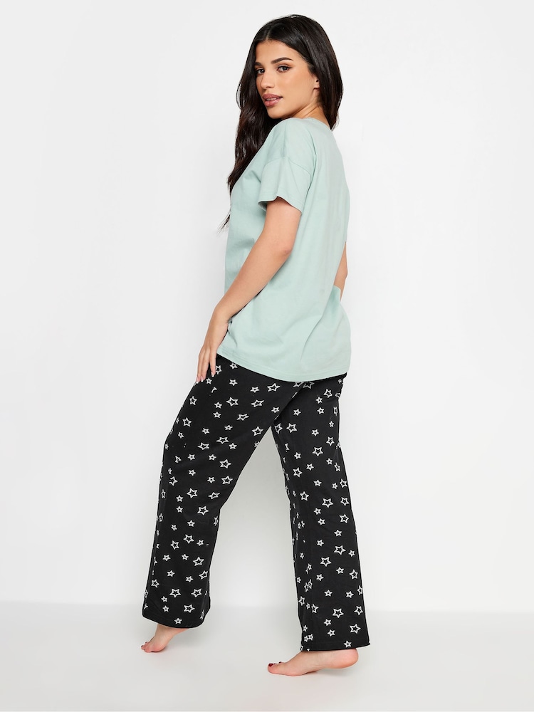 PixieGirl Petite Green 'Rise & Shine' Slogan Wide Leg 100% Cotton Pyjama Set - Image 2 of 4